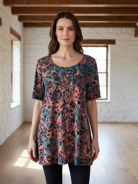 LuLaRoe Floral Scoop Neck Tunic in Rich Coral and Teal with Blue Accents